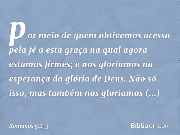 por meio de quem obtivemos acesso pela fé a esta graça na qual agora estamos firmes; e nos gloriamos na esperança da glória de Deus. Não só isso, mas também nos