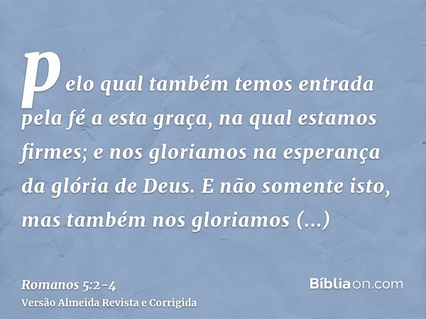 pelo qual também temos entrada pela fé a esta graça, na qual estamos firmes; e nos gloriamos na esperança da glória de Deus.E não somente isto, mas também nos g