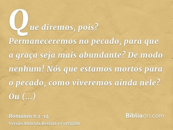 Que diremos, pois? Permaneceremos no pecado, para que a graça seja mais abundante?De modo nenhum! Nós que estamos mortos para o pecado, como viveremos ainda nel