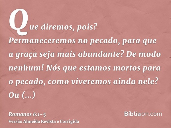 Que diremos, pois? Permaneceremos no pecado, para que a graça seja mais abundante?De modo nenhum! Nós que estamos mortos para o pecado, como viveremos ainda nel