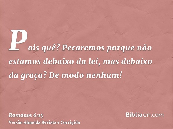 Pois quê? Pecaremos porque não estamos debaixo da lei, mas debaixo da graça? De modo nenhum!