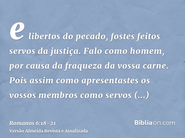 e libertos do pecado, fostes feitos servos da justiça.Falo como homem, por causa da fraqueza da vossa carne. Pois assim como apresentastes os vossos membros com