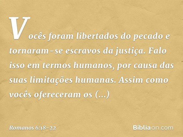 Vocês foram libertados do pecado e tornaram-se escravos da justiça. Falo isso em termos humanos, por causa das suas limitações humanas. Assim como vocês oferece