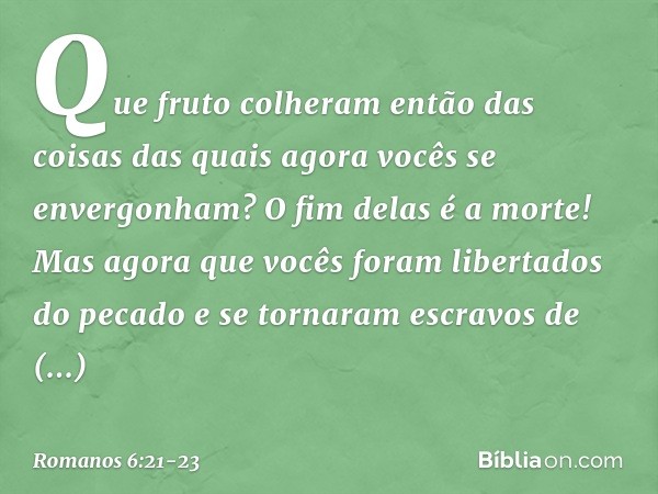 Que fruto colheram então das coisas das quais agora vocês se envergonham? O fim delas é a morte! Mas agora que vocês foram libertados do pecado e se tornaram es