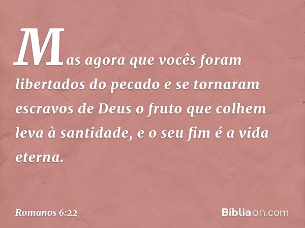 Mas agora que vocês foram libertados do pecado e se tornaram escravos de Deus o fruto que colhem leva à santidade, e o seu fim é a vida eterna. -- Romanos 6:22