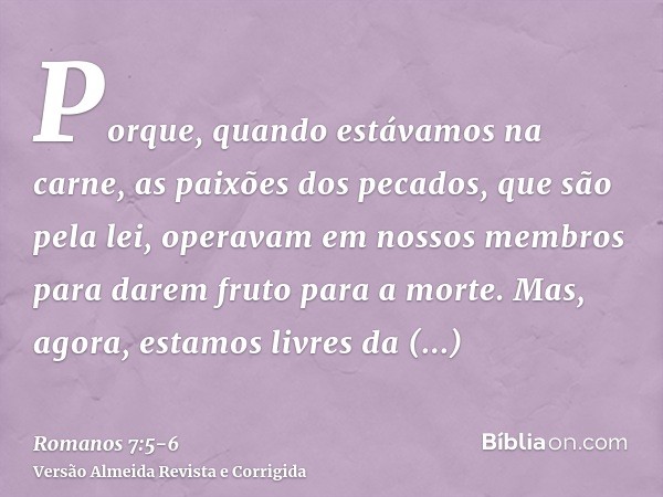 Porque, quando estávamos na carne, as paixões dos pecados, que são pela lei, operavam em nossos membros para darem fruto para a morte.Mas, agora, estamos livres