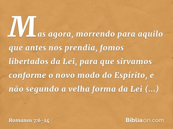 Mas agora, morrendo para aquilo que antes nos prendia, fomos libertados da Lei, para que sirvamos conforme o novo modo do Espírito, e não segundo a velha forma 