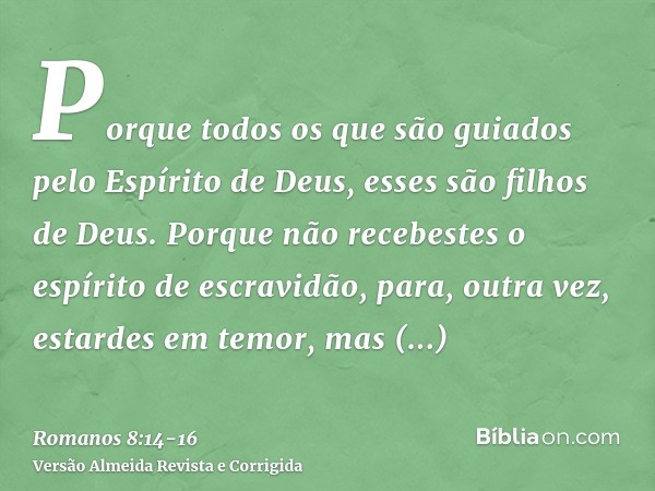 Porque todos os que são guiados pelo Espírito de Deus, esses são filhos de Deus.Porque não recebestes o espírito de escravidão, para, outra vez, estardes em tem