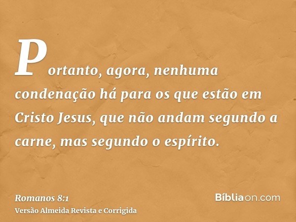 Portanto, agora, nenhuma condenação há para os que estão em Cristo Jesus, que não andam segundo a carne, mas segundo o espírito.