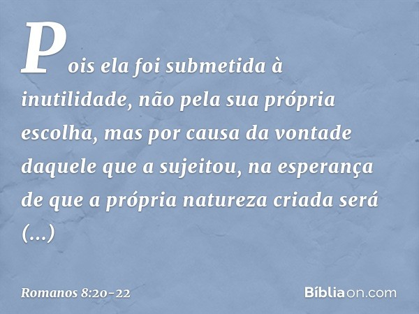 Pois ela foi submetida à inutilidade, não pela sua própria escolha, mas por causa da vontade daquele que a sujeitou, na esperança de que a própria natureza cria