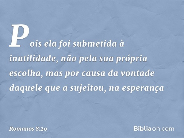 Pois ela foi submetida à inutilidade, não pela sua própria escolha, mas por causa da vontade daquele que a sujeitou, na esperança -- Romanos 8:20