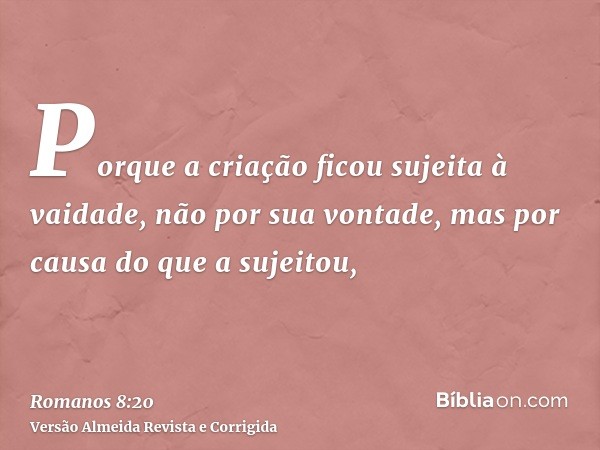 Porque a criação ficou sujeita à vaidade, não por sua vontade, mas por causa do que a sujeitou,