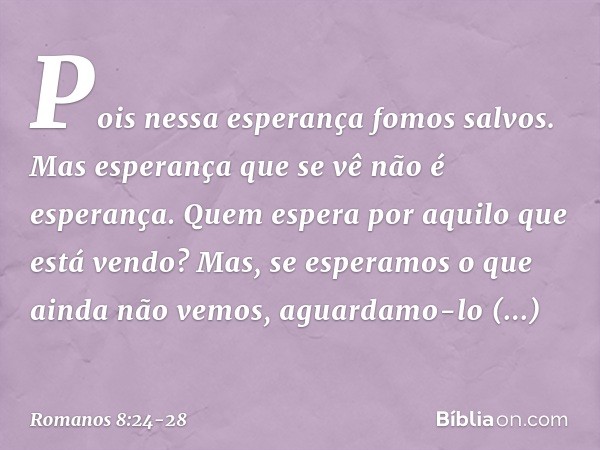 Pois nessa esperança fomos salvos. Mas esperança que se vê não é esperança. Quem espera por aquilo que está vendo? Mas, se esperamos o que ainda não vemos, agua