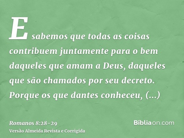 E sabemos que todas as coisas contribuem juntamente para o bem daqueles que amam a Deus, daqueles que são chamados por seu decreto.Porque os que dantes conheceu