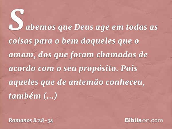 Sabemos que Deus age em todas as coisas para o bem daqueles que o amam, dos que foram chamados de acordo com o seu propósito. Pois aqueles que de antemão conhec