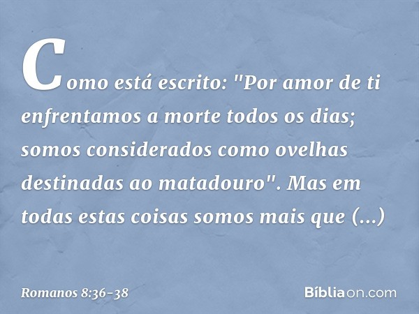 Como está escrito:
"Por amor de ti enfrentamos
a morte todos os dias;
somos considerados
como ovelhas
destinadas ao matadouro". Mas em todas estas coisas somos 