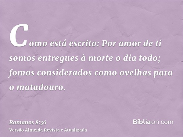 Como está escrito: Por amor de ti somos entregues à morte o dia todo; fomos considerados como ovelhas para o matadouro.