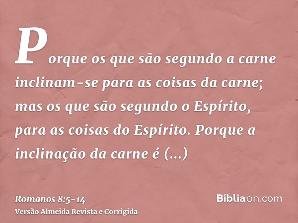 Porque os que são segundo a carne inclinam-se para as coisas da carne; mas os que são segundo o Espírito, para as coisas do Espírito.Porque a inclinação da carn