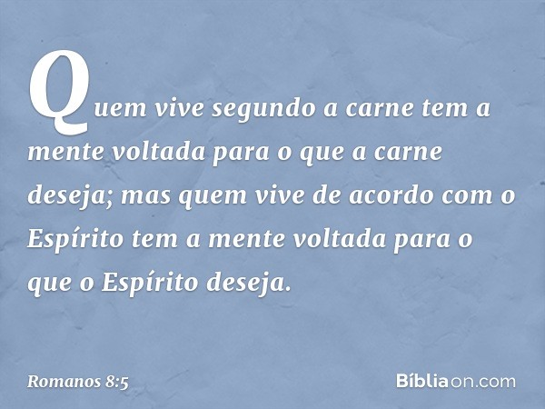 Quem vive segundo a carne tem a mente voltada para o que a carne deseja; mas quem vive de acordo com o Espírito tem a mente voltada para o que o Espírito deseja