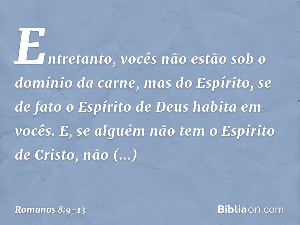 Entretanto, vocês não estão sob o domínio da carne, mas do Espírito, se de fato o Espírito de Deus habita em vocês. E, se alguém não tem o Espírito de Cristo, n