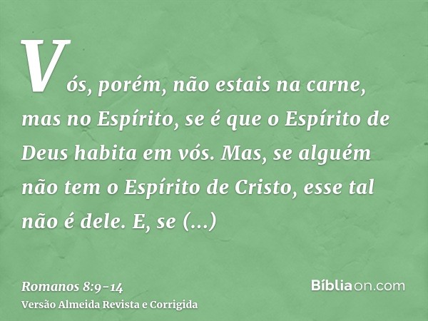 Vós, porém, não estais na carne, mas no Espírito, se é que o Espírito de Deus habita em vós. Mas, se alguém não tem o Espírito de Cristo, esse tal não é dele.E,