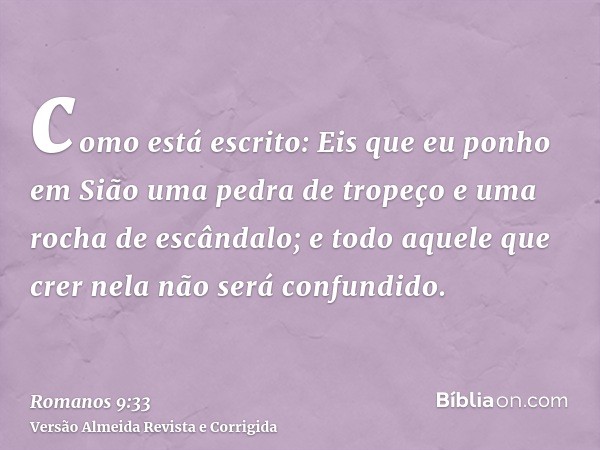 como está escrito: Eis que eu ponho em Sião uma pedra de tropeço e uma rocha de escândalo; e todo aquele que crer nela não será confundido.
