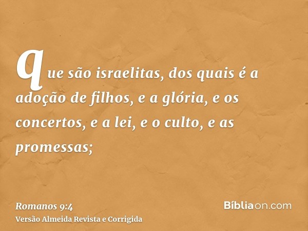 que são israelitas, dos quais é a adoção de filhos, e a glória, e os concertos, e a lei, e o culto, e as promessas;