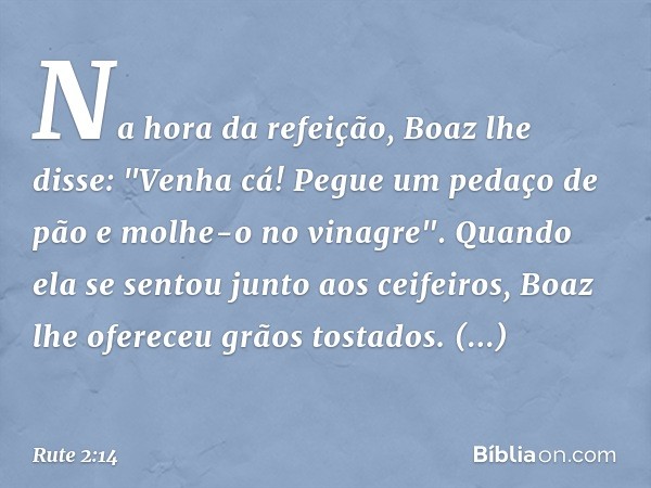 Na hora da refeição, Boaz lhe disse: "Venha cá! Pegue um pedaço de pão e molhe-o no vinagre".
Quando ela se sentou junto aos ceifeiros, Boaz lhe ofereceu grãos 