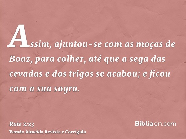 Assim, ajuntou-se com as moças de Boaz, para colher, até que a sega das cevadas e dos trigos se acabou; e ficou com a sua sogra.