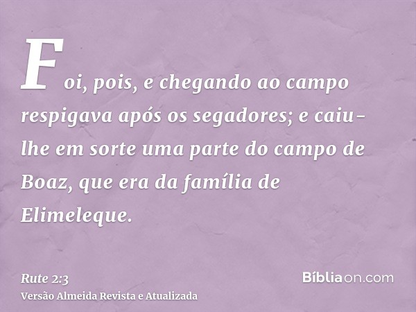 Foi, pois, e chegando ao campo respigava após os segadores; e caiu-lhe em sorte uma parte do campo de Boaz, que era da família de Elimeleque.