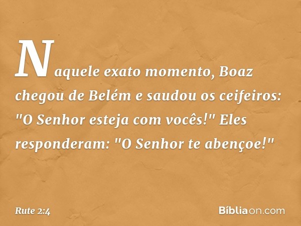 Naquele exato momento, Boaz chegou de Belém e saudou os ceifeiros: "O Senhor esteja com vocês!"
Eles responderam: "O Senhor te abençoe!" -- Rute 2:4