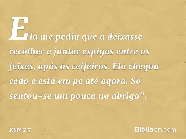 Ela me pediu que a deixasse recolher e juntar espigas entre os feixes, após os ceifeiros. Ela chegou cedo e está em pé até agora. Só sentou-se um pouco no abrig