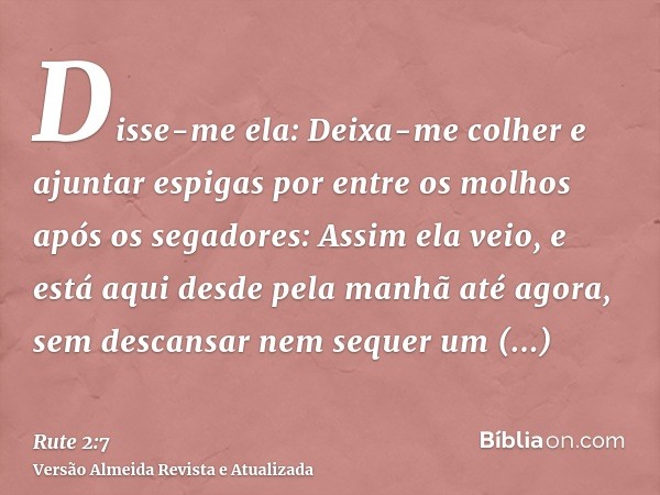 Disse-me ela: Deixa-me colher e ajuntar espigas por entre os molhos após os segadores: Assim ela veio, e está aqui desde pela manhã até agora, sem descansar nem