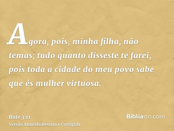 Agora, pois, minha filha, não temas; tudo quanto disseste te farei, pois toda a cidade do meu povo sabe que és mulher virtuosa.