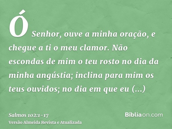 Ó Senhor, ouve a minha oração, e chegue a ti o meu clamor.Não escondas de mim o teu rosto no dia da minha angústia; inclina para mim os teus ouvidos; no dia em