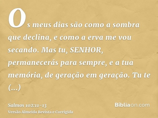 Os meus dias são como a sombra que declina, e como a erva me vou secando.Mas tu, SENHOR, permanecerás para sempre, e a tua memória, de geração em geração.Tu te 