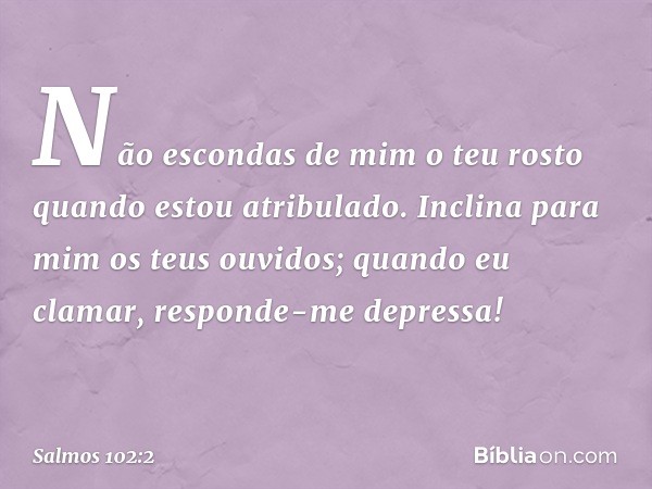 Não escondas de mim o teu rosto
quando estou atribulado.
Inclina para mim os teus ouvidos;
quando eu clamar, responde-me depressa! -- Salmo 102:2