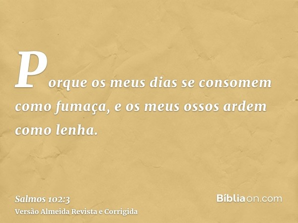 Porque os meus dias se consomem como fumaça, e os meus ossos ardem como lenha.
