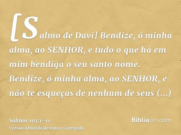 [Salmo de Davi] Bendize, ó minha alma, ao SENHOR, e tudo o que há em mim bendiga o seu santo nome.Bendize, ó minha alma, ao SENHOR, e não te esqueças de nenhum 