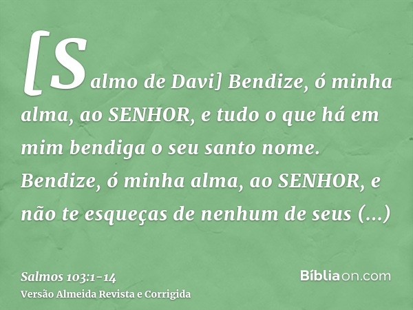 [Salmo de Davi] Bendize, ó minha alma, ao SENHOR, e tudo o que há em mim bendiga o seu santo nome.Bendize, ó minha alma, ao SENHOR, e não te esqueças de nenhum 