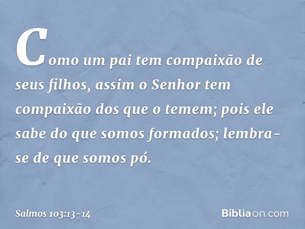 Como um pai tem compaixão de seus filhos,
assim o Senhor
tem compaixão dos que o temem; pois ele sabe do que somos formados;
lembra-se de que somos pó. -- Salmo