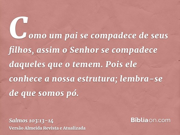 Como um pai se compadece de seus filhos, assim o Senhor se compadece daqueles que o temem.Pois ele conhece a nossa estrutura; lembra-se de que somos pó.