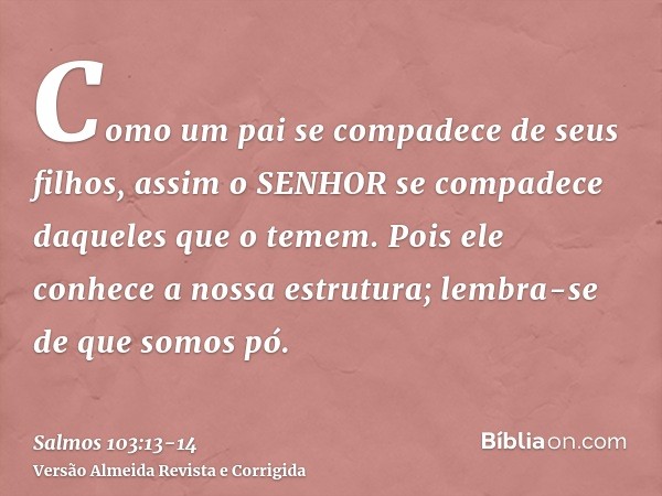 Como um pai se compadece de seus filhos, assim o SENHOR se compadece daqueles que o temem.Pois ele conhece a nossa estrutura; lembra-se de que somos pó.