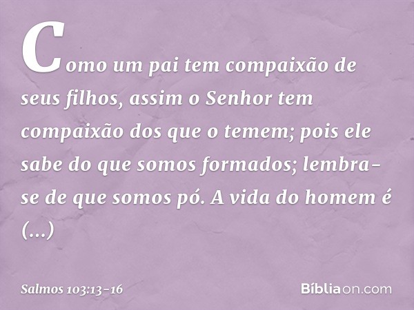 Como um pai tem compaixão de seus filhos,
assim o Senhor
tem compaixão dos que o temem; pois ele sabe do que somos formados;
lembra-se de que somos pó. A vida d