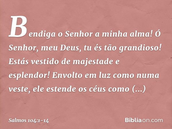 Bendiga o Senhor a minha alma!
Ó Senhor, meu Deus, tu és tão grandioso!
Estás vestido de majestade e esplendor! Envolto em luz como numa veste,
ele estende os c