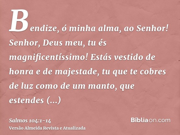 Bendize, ó minha alma, ao Senhor! Senhor, Deus meu, tu és magnificentíssimo! Estás vestido de honra e de majestade,tu que te cobres de luz como de um manto, que