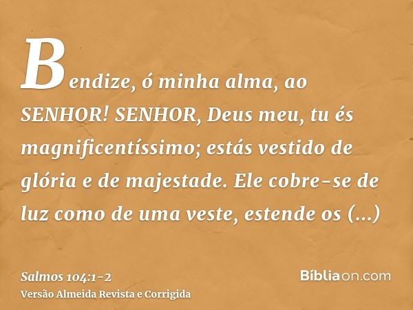 Bendize, ó minha alma, ao SENHOR! SENHOR, Deus meu, tu és magnificentíssimo; estás vestido de glória e de majestade.Ele cobre-se de luz como de uma veste, esten