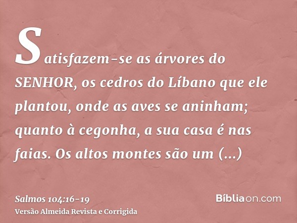 Satisfazem-se as árvores do SENHOR, os cedros do Líbano que ele plantou,onde as aves se aninham; quanto à cegonha, a sua casa é nas faias.Os altos montes são um