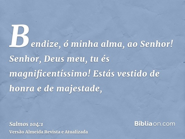 Bendize, ó minha alma, ao Senhor! Senhor, Deus meu, tu és magnificentíssimo! Estás vestido de honra e de majestade,