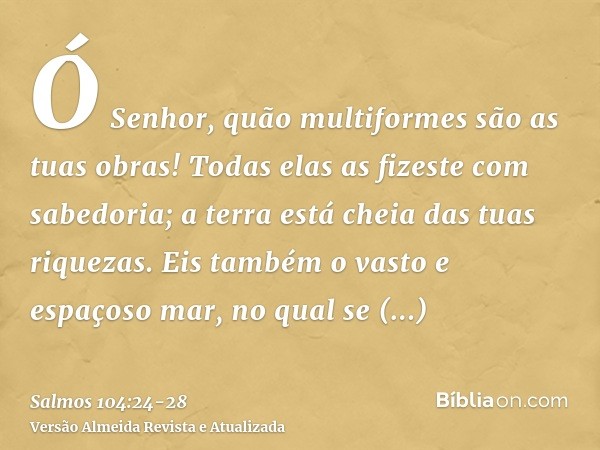 Ó Senhor, quão multiformes são as tuas obras! Todas elas as fizeste com sabedoria; a terra está cheia das tuas riquezas.Eis também o vasto e espaçoso mar, no qu